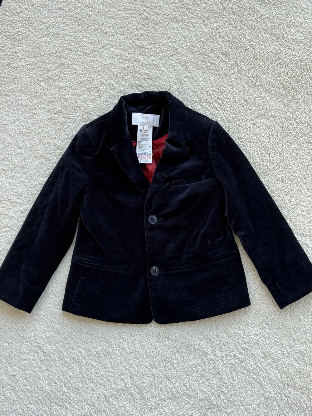 Jacadi Navy Velvet Boys' Blazer with Burgundy Lining